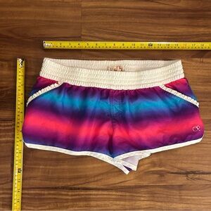 OP Ruffle Pockets Blue Purple Pink and White Women's athletic beach swim Shorts